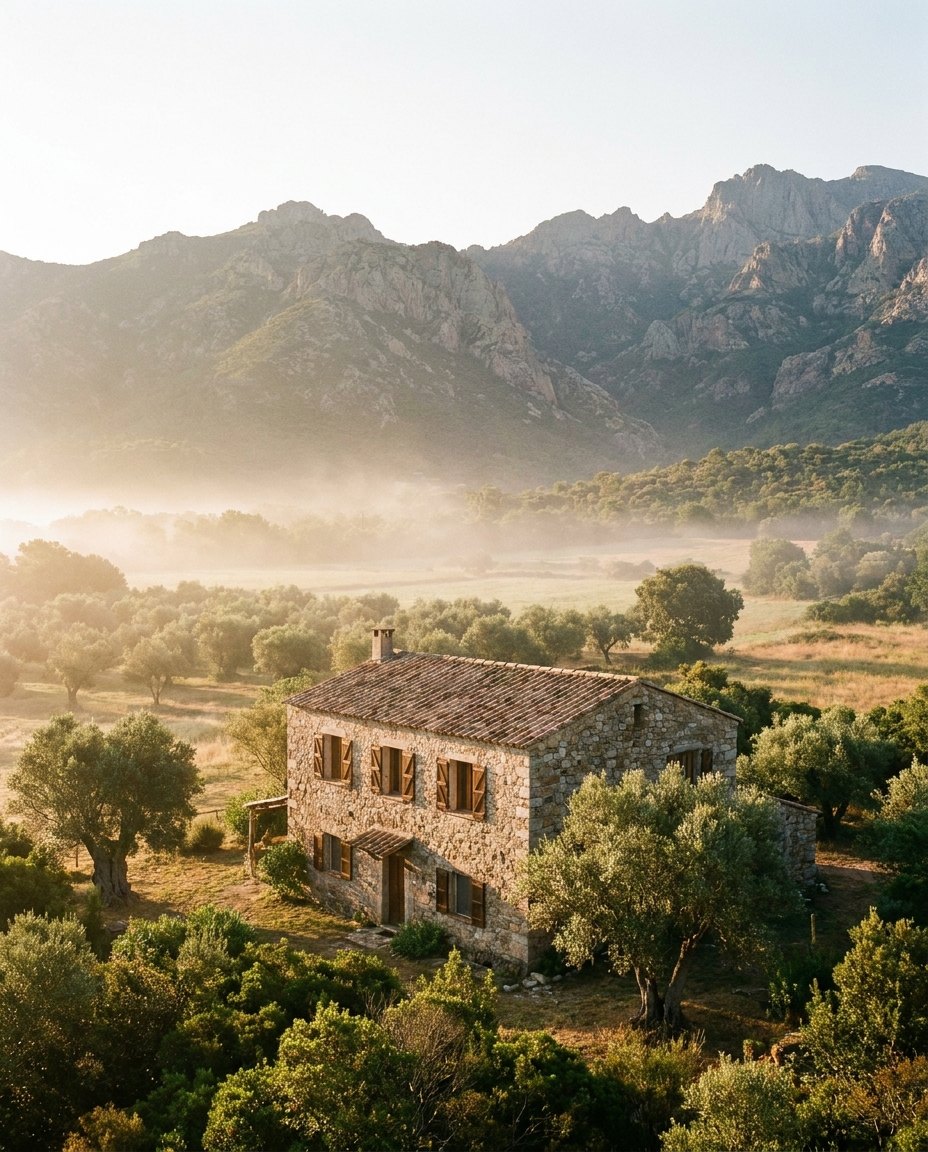 Maison de la plaine orientale corse au lever du jour